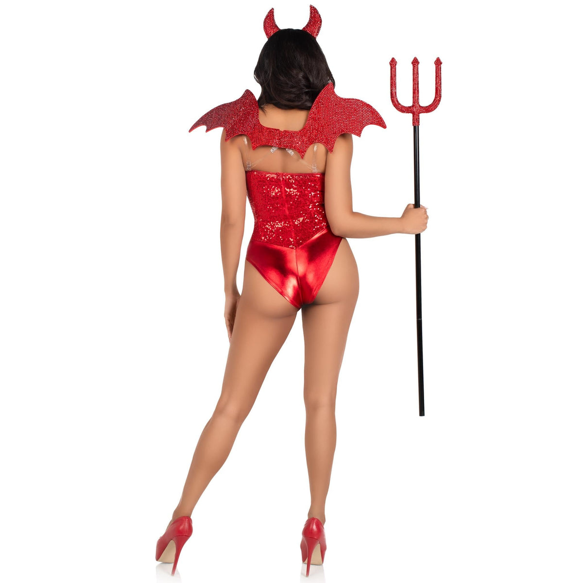 Detail view of red rhinestone devil wings and horn headband kit - Golddiggers Boutique