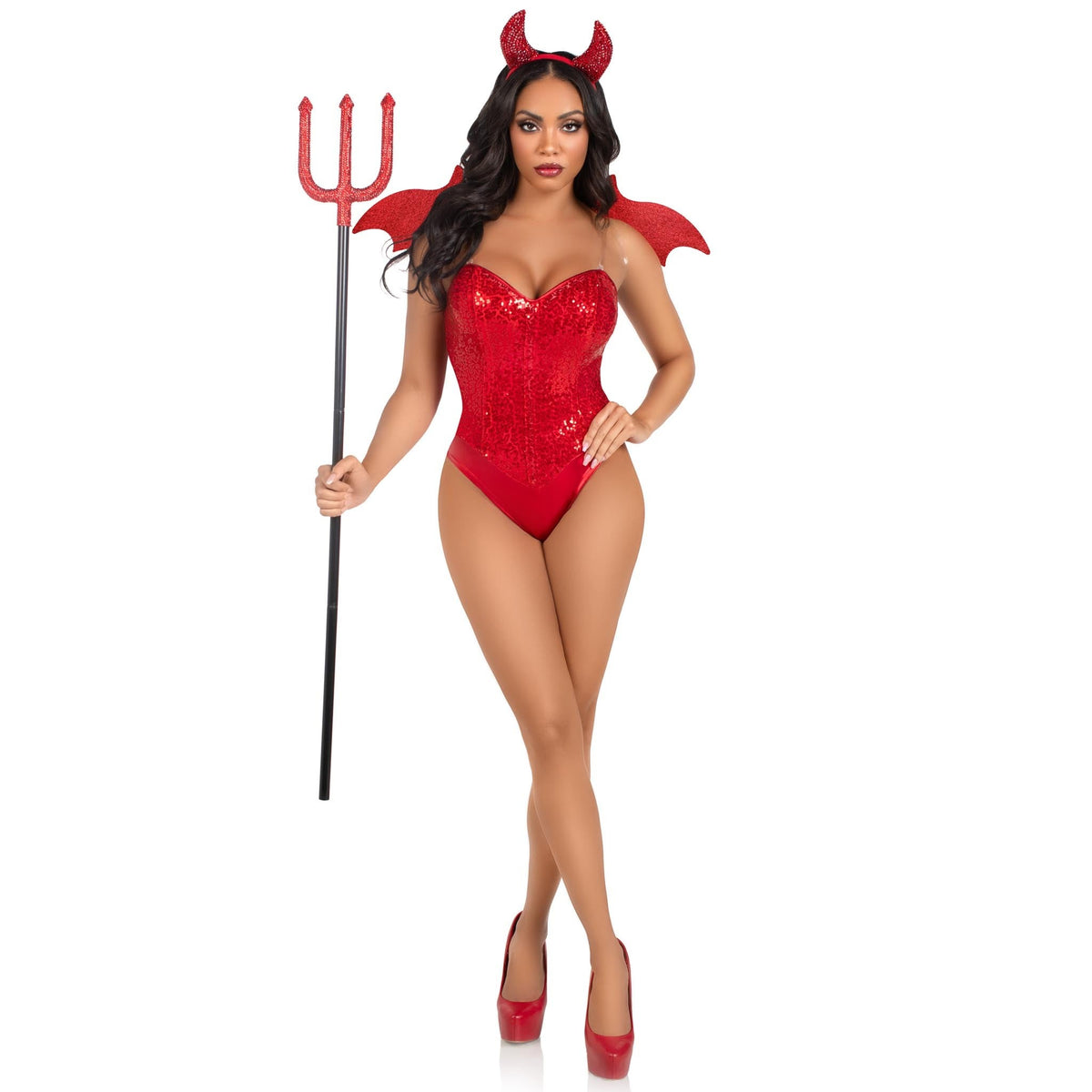 Detail view of red rhinestone devil wings and horn headband kit - Golddiggers Boutique