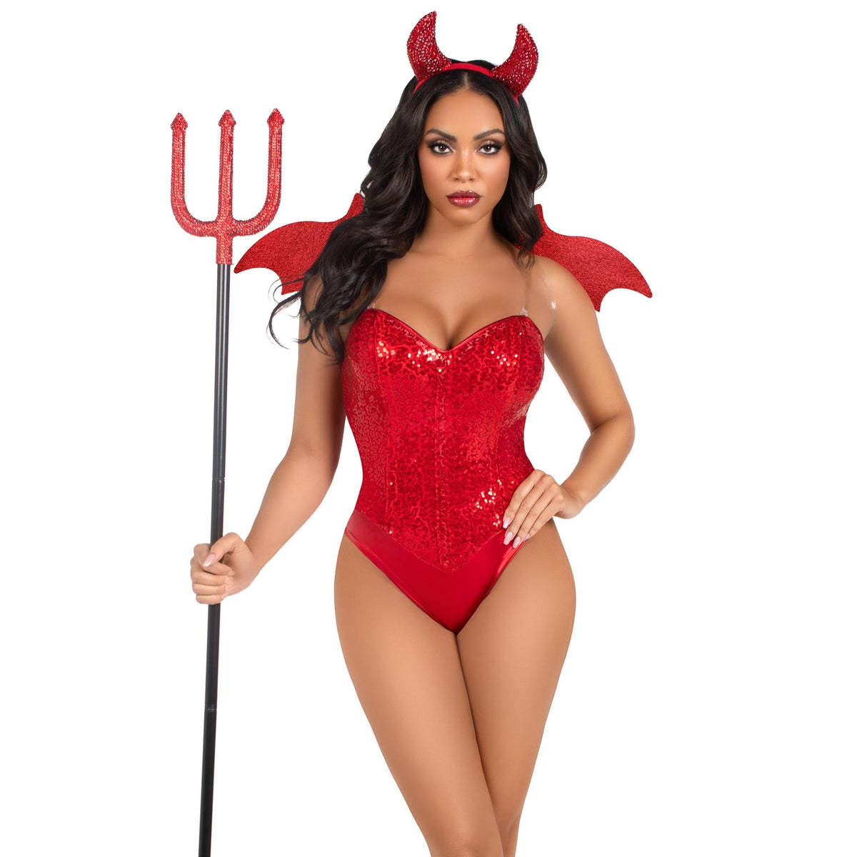 Detail view of red rhinestone devil wings and horn headband kit - Golddiggers Boutique