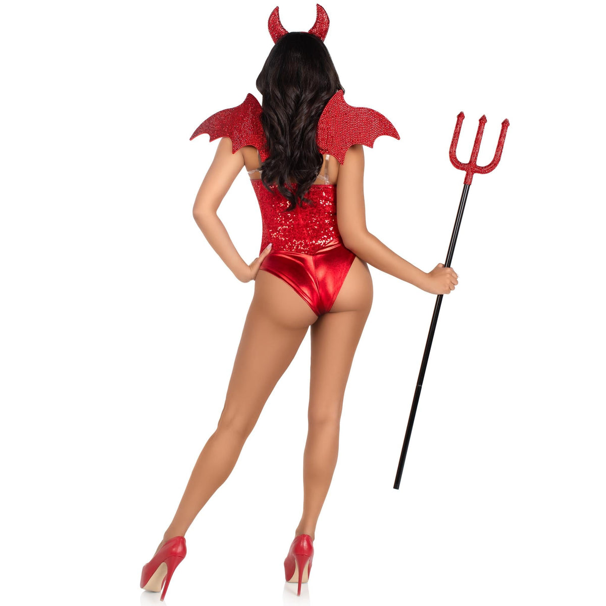 Front view of red rhinestone devil wings and horn headband kit - Golddiggers Boutique