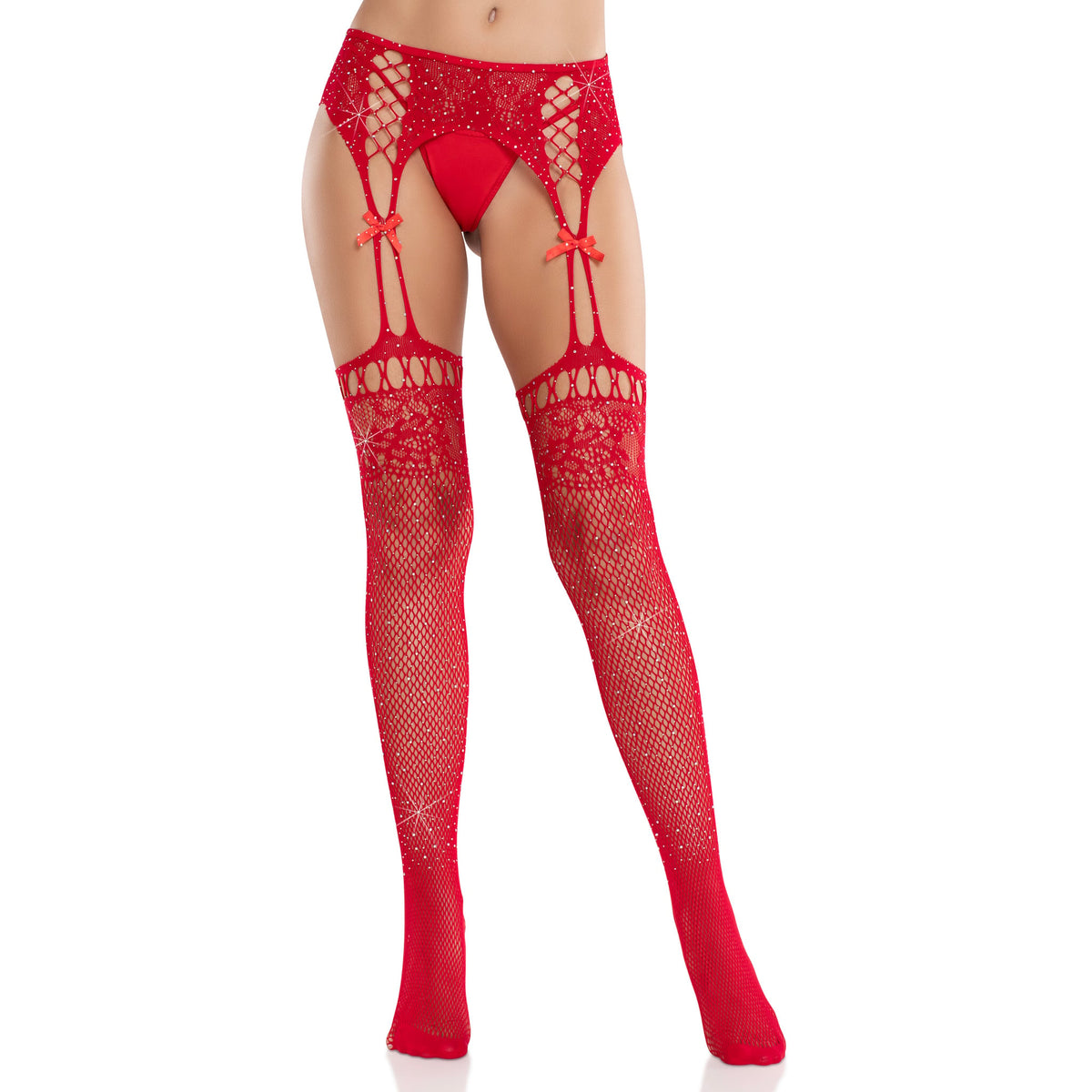 Front view of red rhinestone fishnet garter belt stockings with satin bows - Golddiggers Boutique