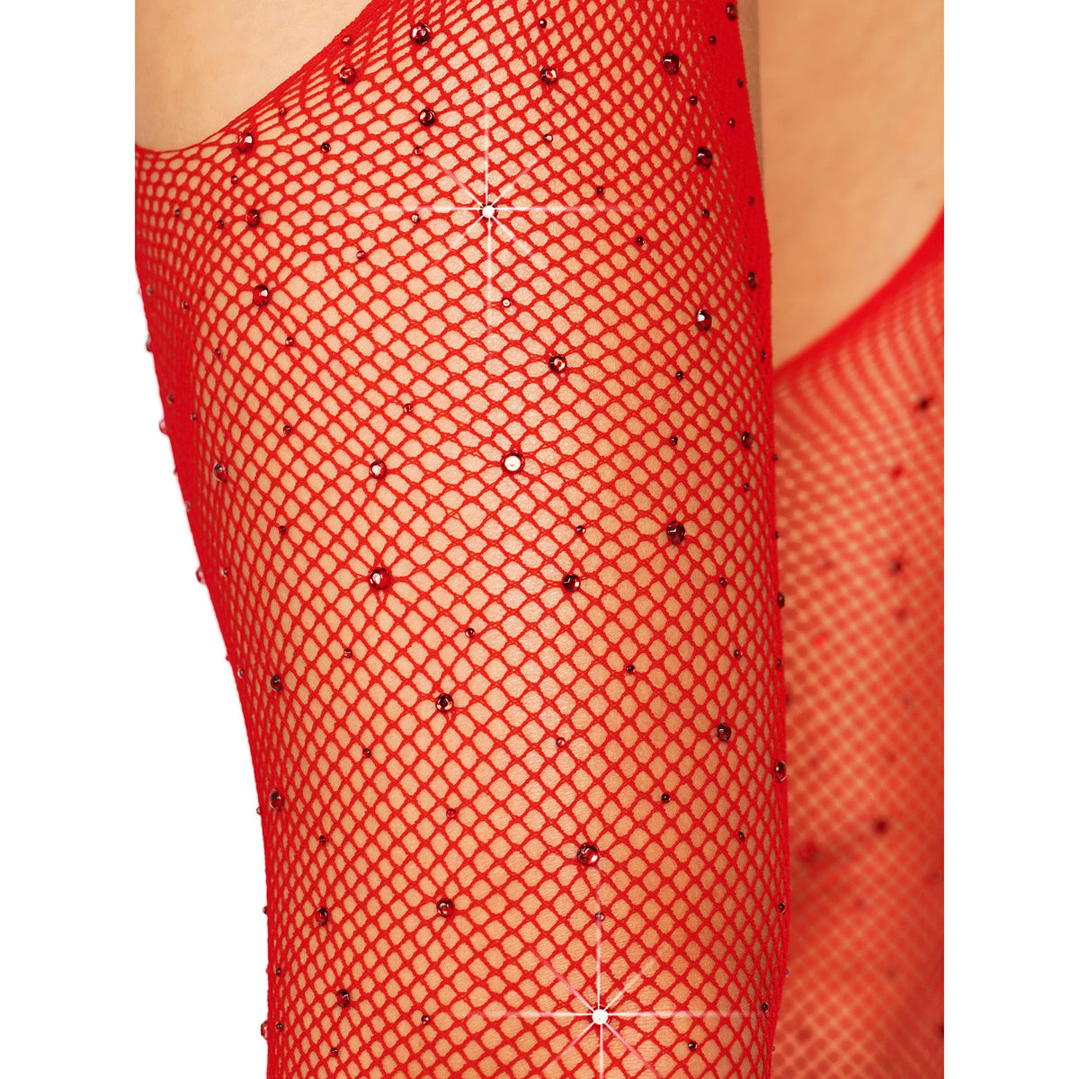 Close-up front view of red rhinestone fishnet suspender tights - Golddiggers Boutique