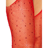Close-up front view of red rhinestone fishnet suspender tights - Golddiggers Boutique