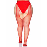 Back view of red rhinestone fishnet suspender tights in plus size - Golddiggers Boutique