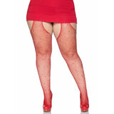Front view of red rhinestone fishnet suspender tights in plus size - Golddiggers Boutique