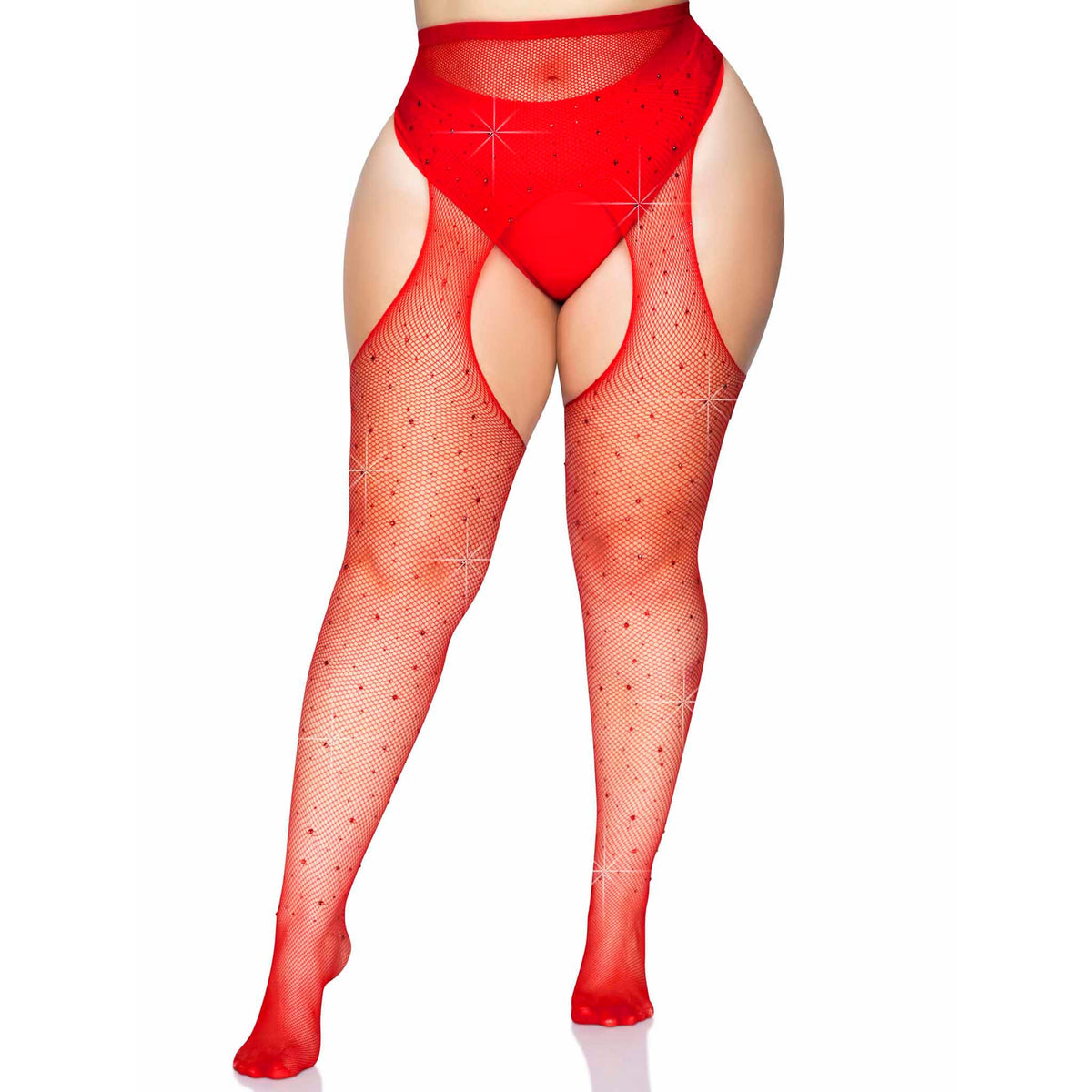 Front view of red rhinestone fishnet suspender tights in plus size - Golddiggers Boutique