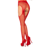 Side view of red rhinestone fishnet suspender tights - Golddiggers Boutique
