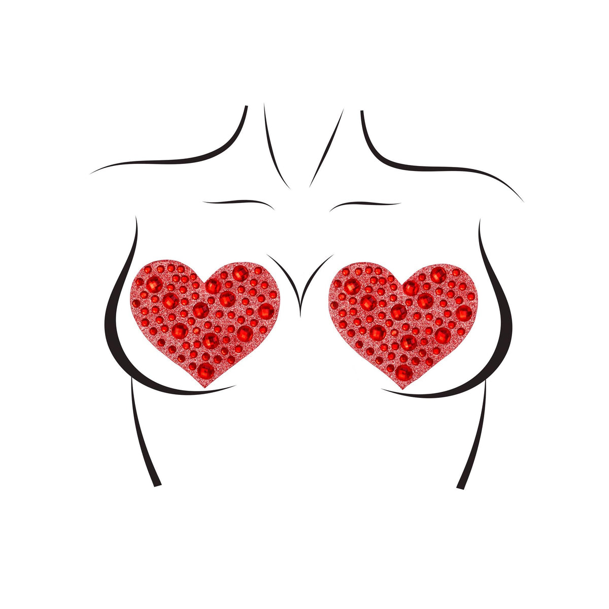 Detail view of red rhinestone heart pasties - Golddiggers Boutique