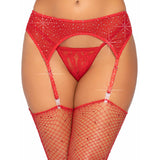 Close-up front view of red rhinestone mesh garter belt - Golddiggers Boutique