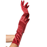Close-up front view of red satin elbow length gloves - Golddiggers Boutique