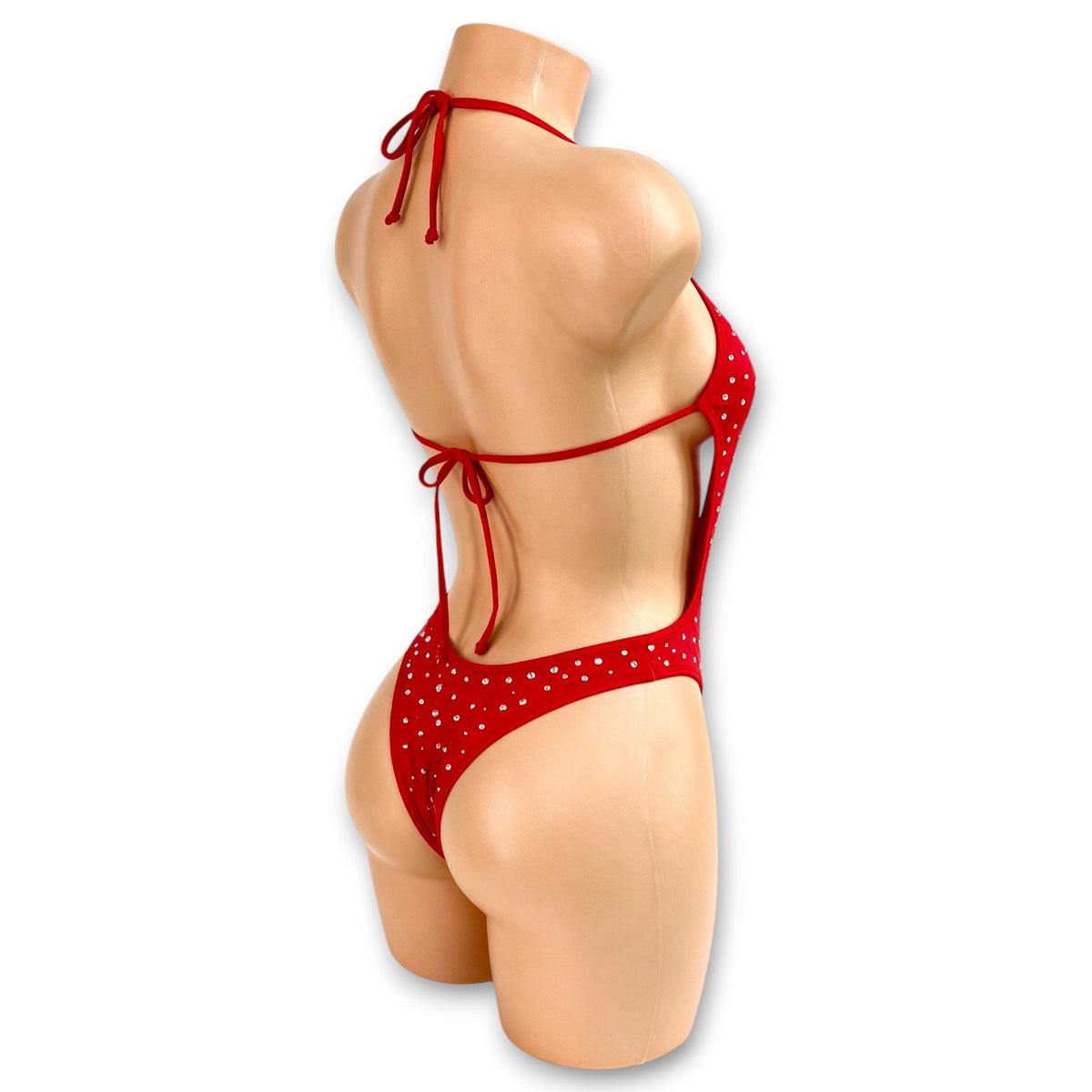 Red Shania rhinestone slingshot bodysuit, back view showing halter and back ties with cheeky Brazilian thong back - Golddiggers Boutique