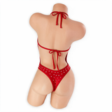 Red Shania rhinestone slingshot bodysuit, back view on mannequin showing the halter neck tie, back tie, open back, and rhinestone thong back - Golddiggers Boutique