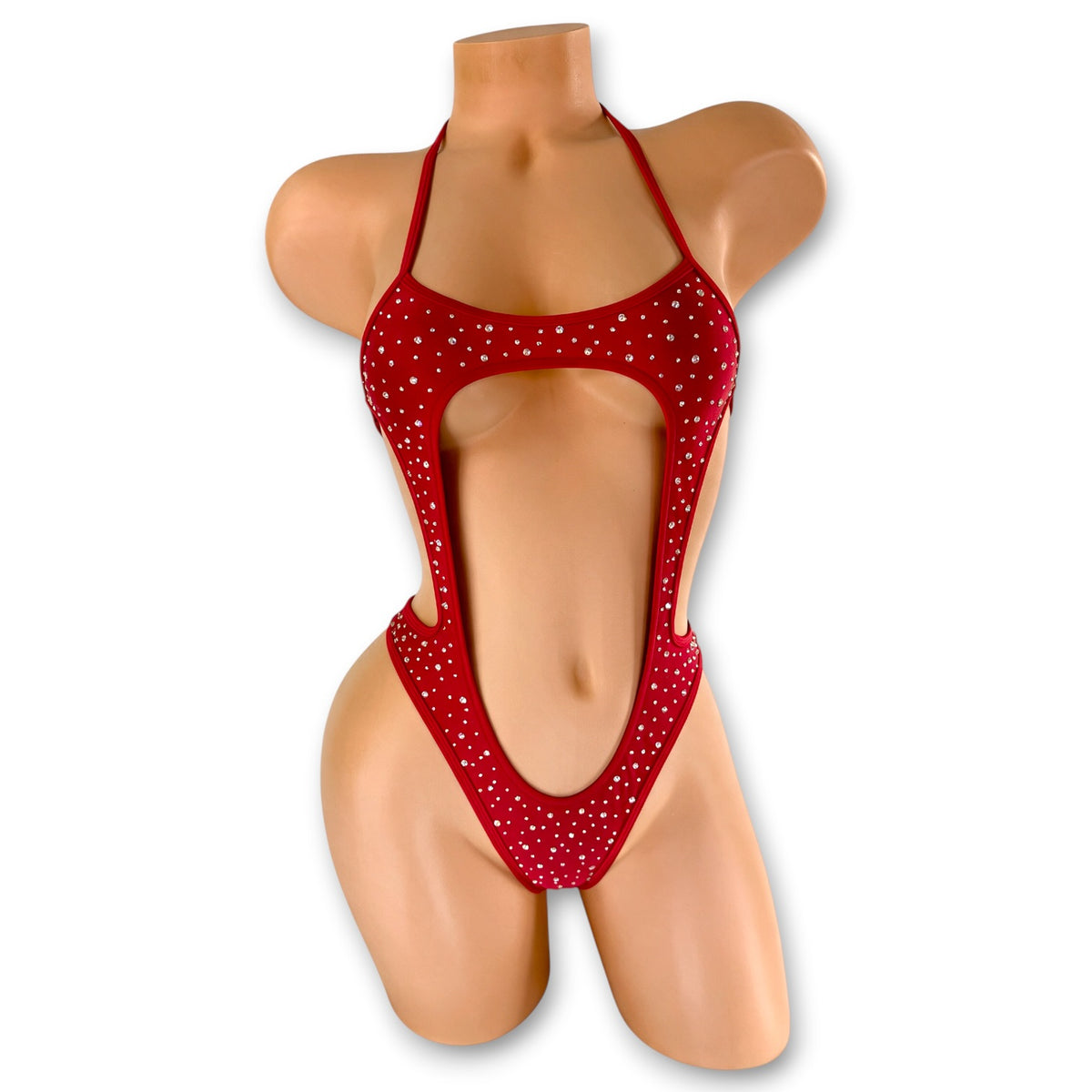 Red Shania rhinestone slingshot bodysuit with under-bust cutout and deep plunge, front view on mannequin - Golddiggers Boutique