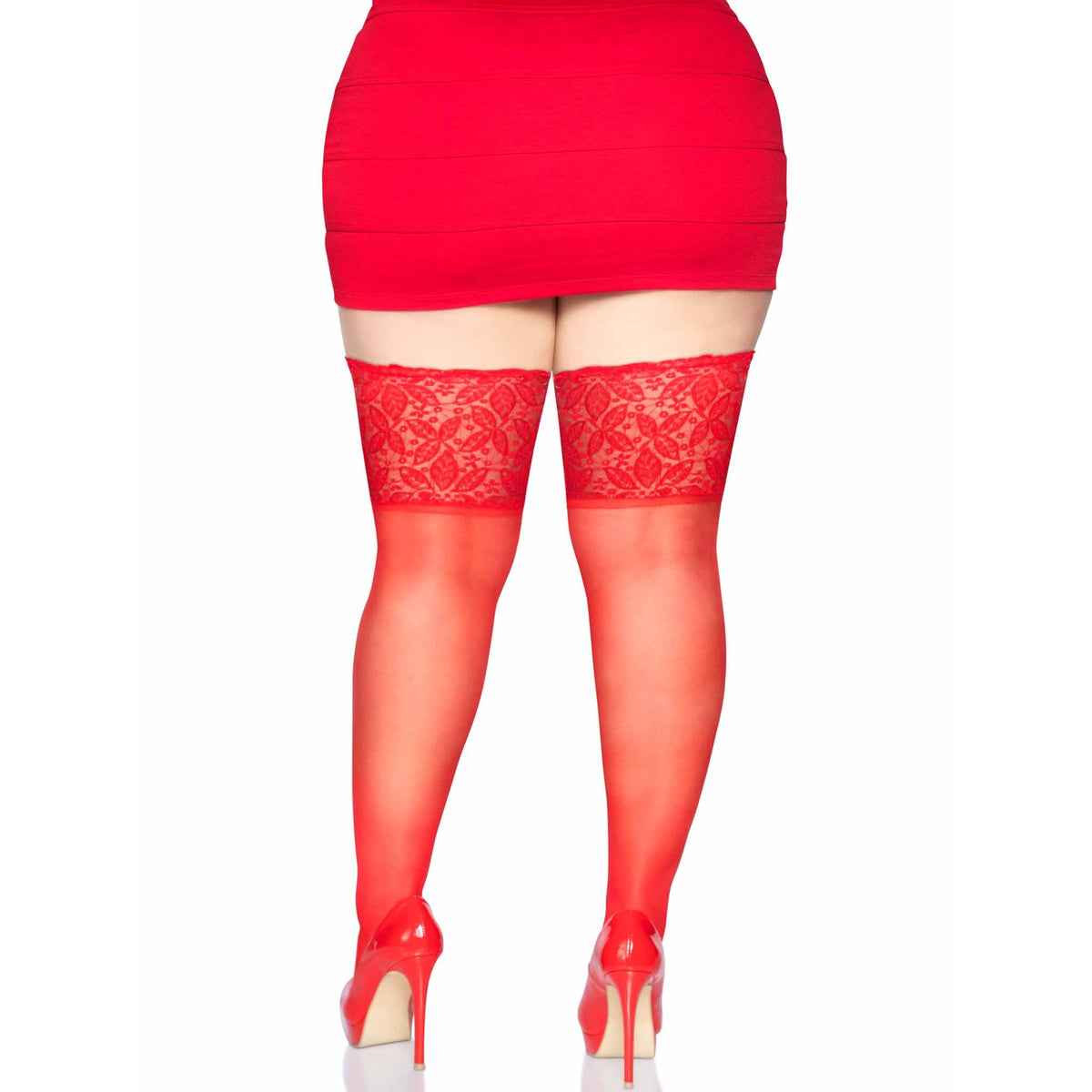 Back view of red sheer stay-up thigh highs with wide lace top in plus size - Golddiggers Boutique