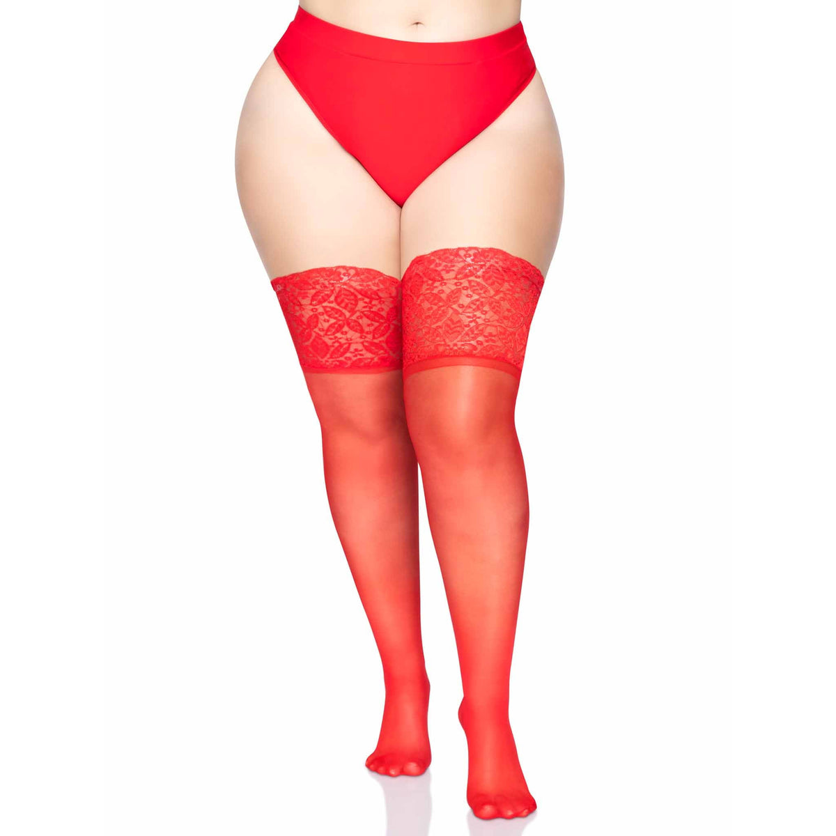 Front view of red sheer stay-up thigh highs with wide lace top in plus size - Golddiggers Boutique