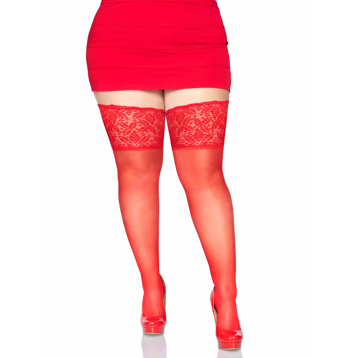 Front view of red sheer stay-up thigh highs with wide lace top in plus size - Golddiggers Boutique