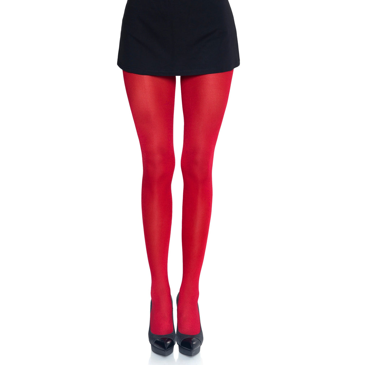 Front view of red sheer to waist tights with cotton crotch - Golddiggers Boutique