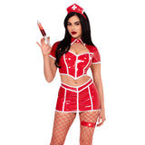 Close front pose of red vinyl nurse costume with crop top, skirt, and headband - Golddiggers Boutique