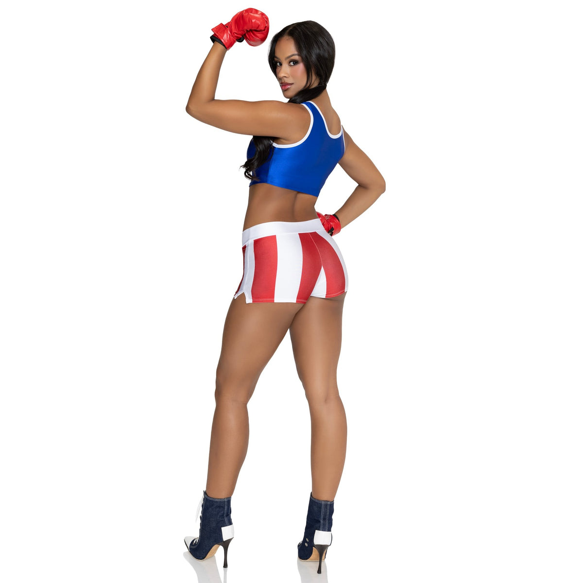 Back view of red, white and blue boxer costume with star crop top and boxing gloves - Golddiggers Boutique