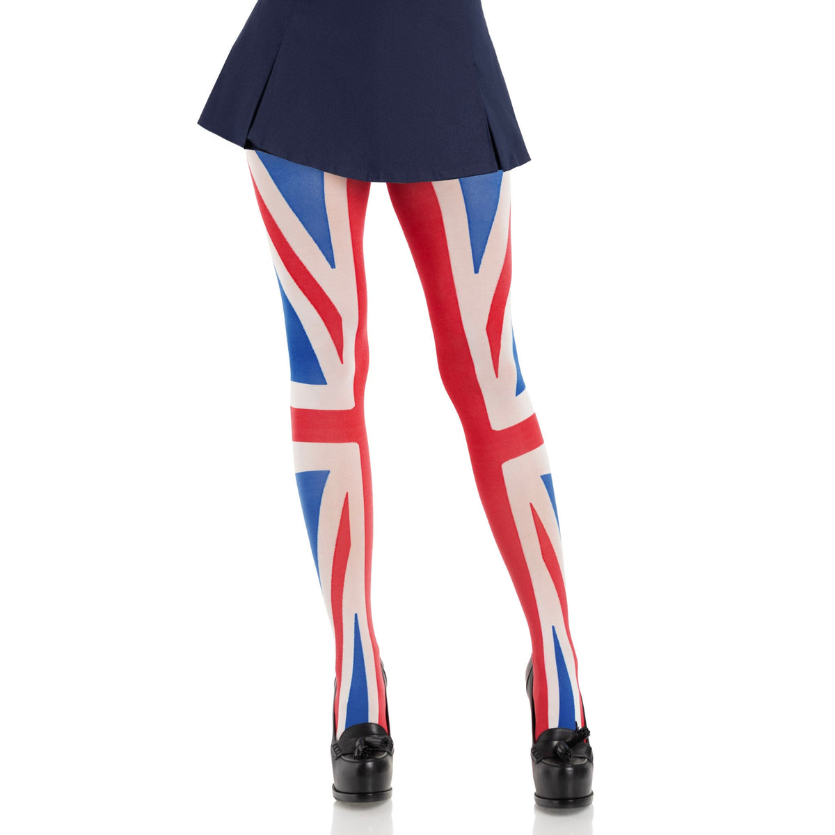 Front view of red, white & blue union jack tights - Golddiggers Boutique