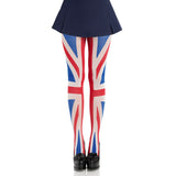 Front view of red, white & blue union jack tights - Golddiggers Boutique