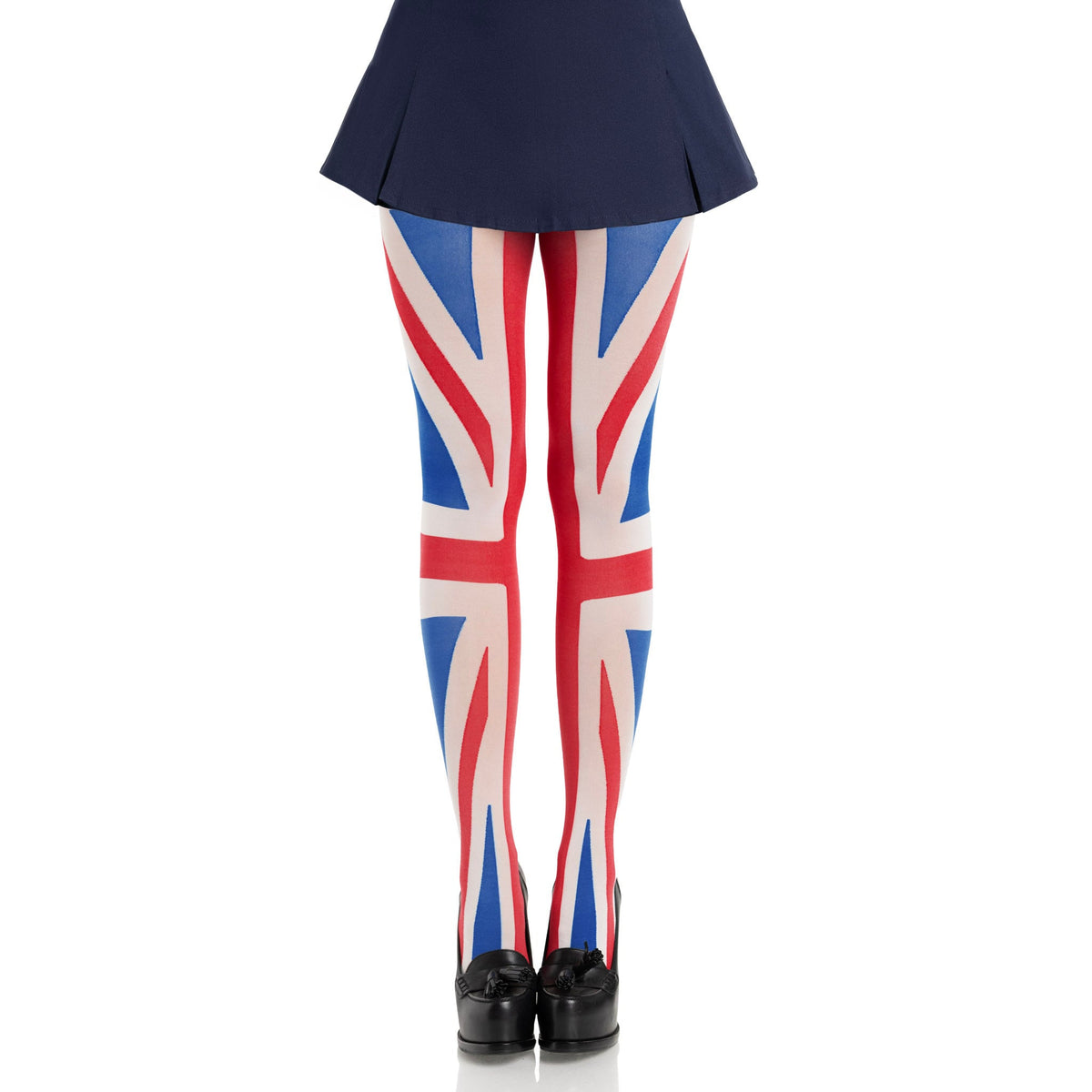 Front view of red, white & blue union jack tights - Golddiggers Boutique
