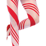Close-up front view of red & white candy striped sheer tights - Golddiggers Boutique