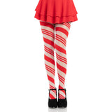 Front view of red & white candy striped sheer tights - Golddiggers Boutique