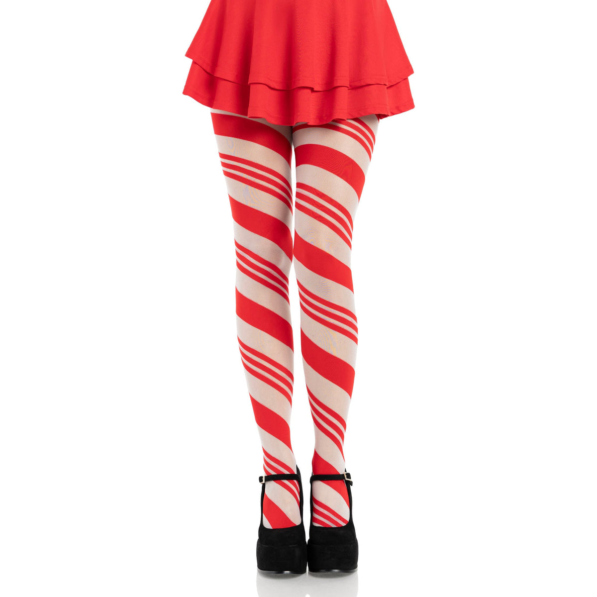 Front view of red & white candy striped sheer tights - Golddiggers Boutique