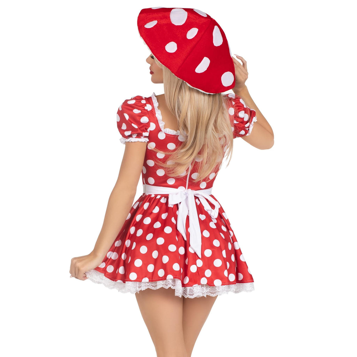 Close back view of red and white mushroom hat - Golddiggers Boutique