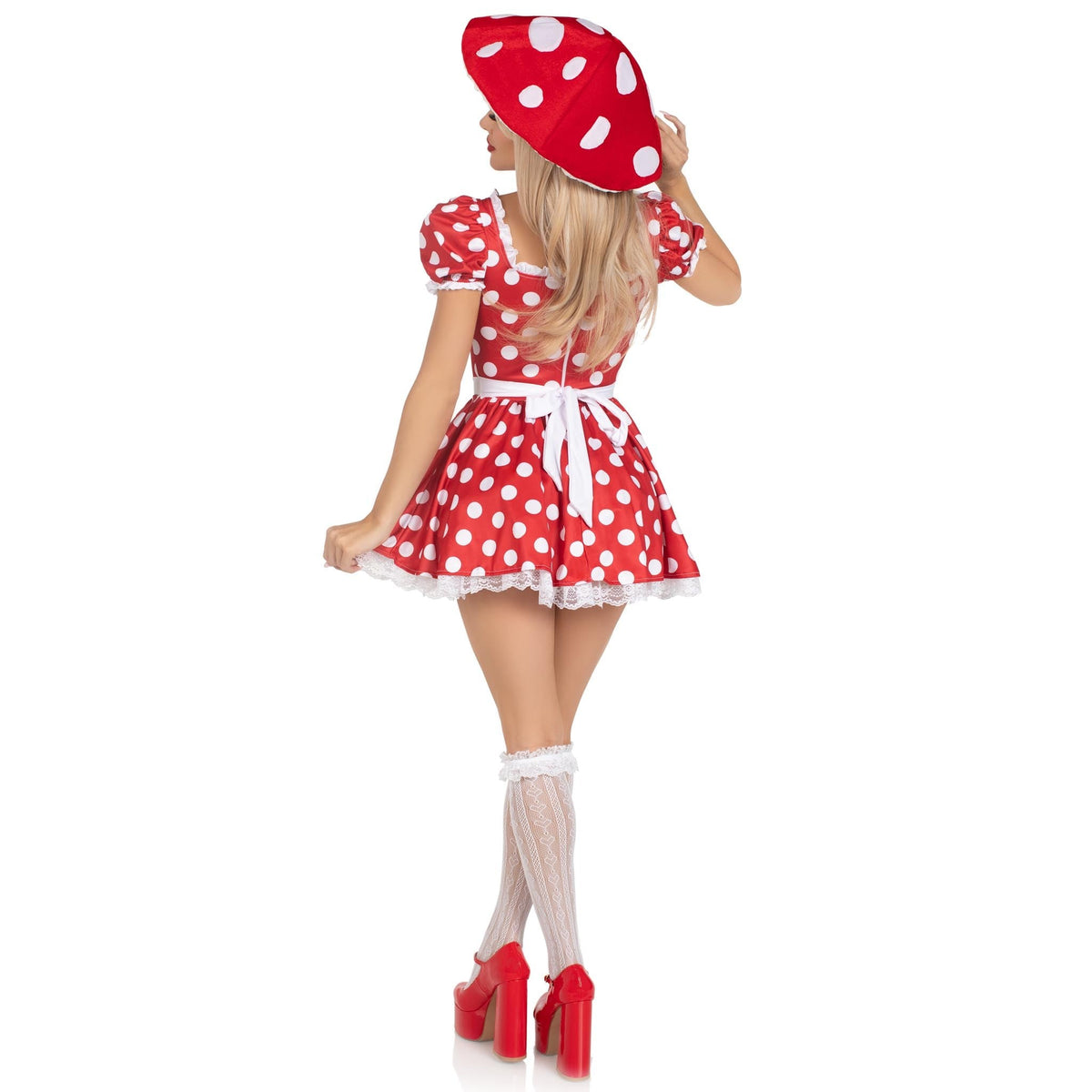 Detail view of red and white mushroom hat - Golddiggers Boutique