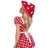 Detail view of red and white mushroom hat - Golddiggers Boutique