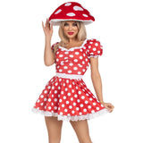 Close front view of red and white mushroom hat - Golddiggers Boutique