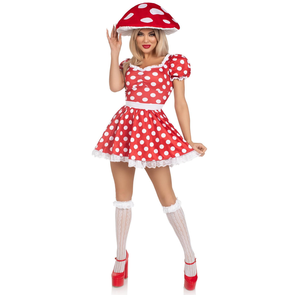Front view of red and white mushroom hat - Golddiggers Boutique