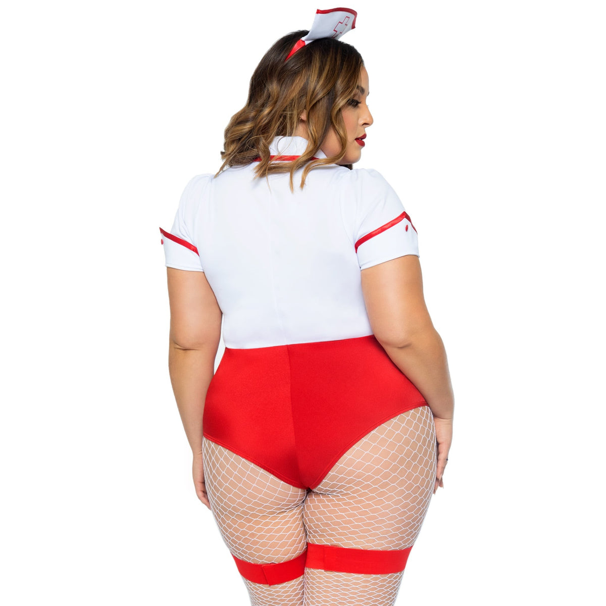 Close back view of plus size red and white nurse costume bodysuit with apron and hat - Golddiggers Boutique