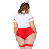 Close back view of plus size red and white nurse costume bodysuit with apron and hat - Golddiggers Boutique