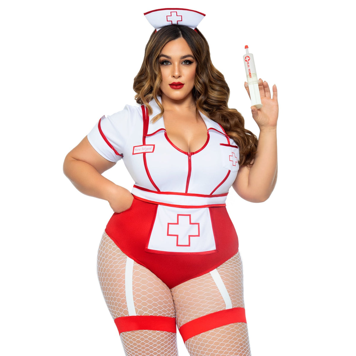 Close front view of plus size red and white nurse costume bodysuit with apron and hat - Golddiggers Boutique