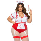 Close front view of plus size red and white nurse costume bodysuit with apron and hat - Golddiggers Boutique