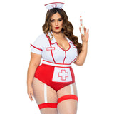 Close front pose of plus size red and white nurse costume bodysuit with apron and hat - Golddiggers Boutique