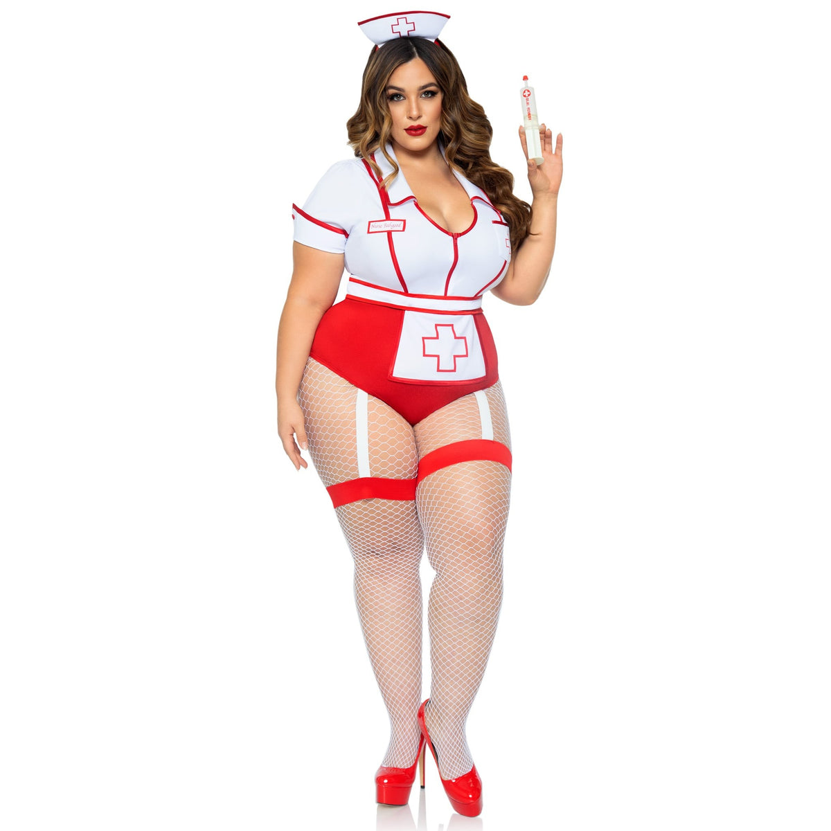 Front pose of plus size red and white nurse costume bodysuit with apron and hat - Golddiggers Boutique
