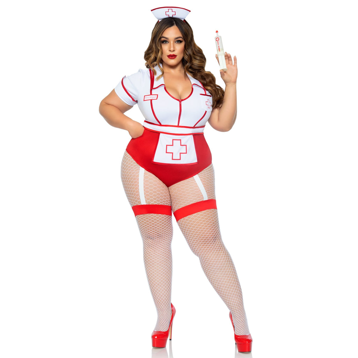 Front view of plus size red and white nurse costume bodysuit with apron and hat - Golddiggers Boutique