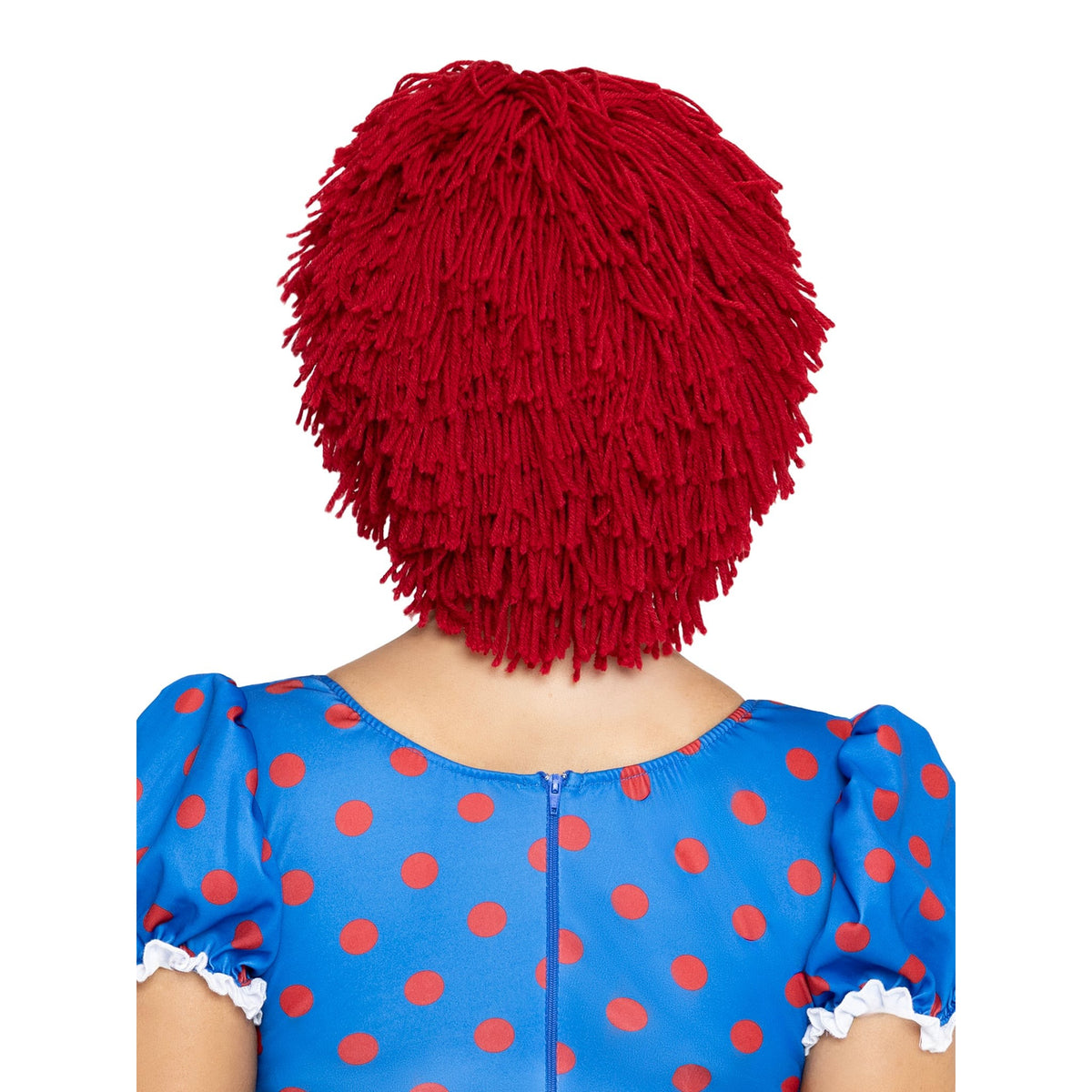 Close back view of red yarn rag doll wig - Golddiggers Boutique