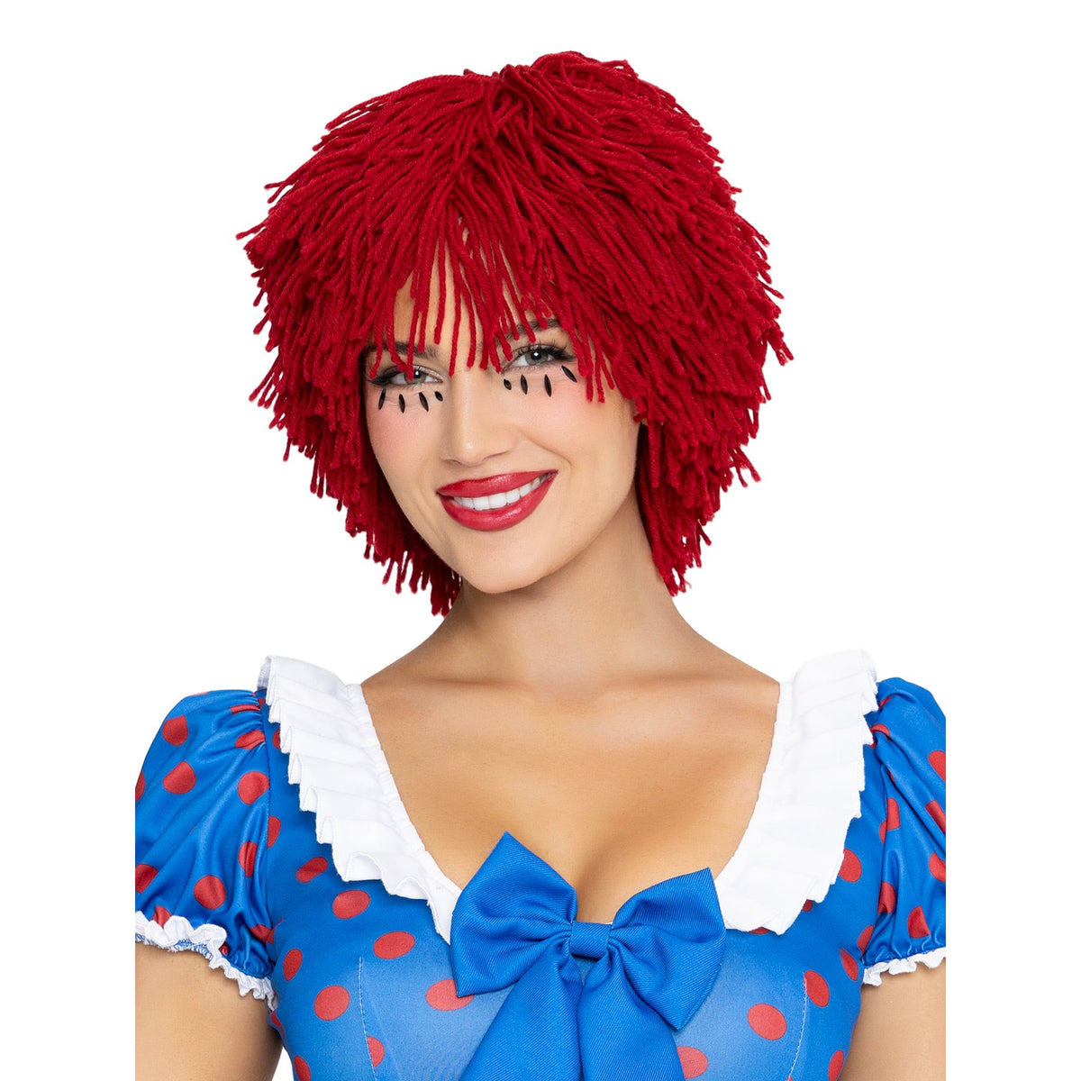 Close front view of red yarn rag doll wig - Golddiggers Boutique