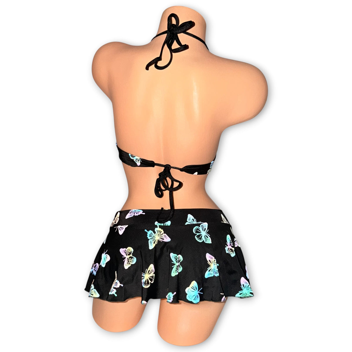 Reflective butterfly Mariposa skirt set under flash, back view showing halter and back ties - Golddiggers Boutique