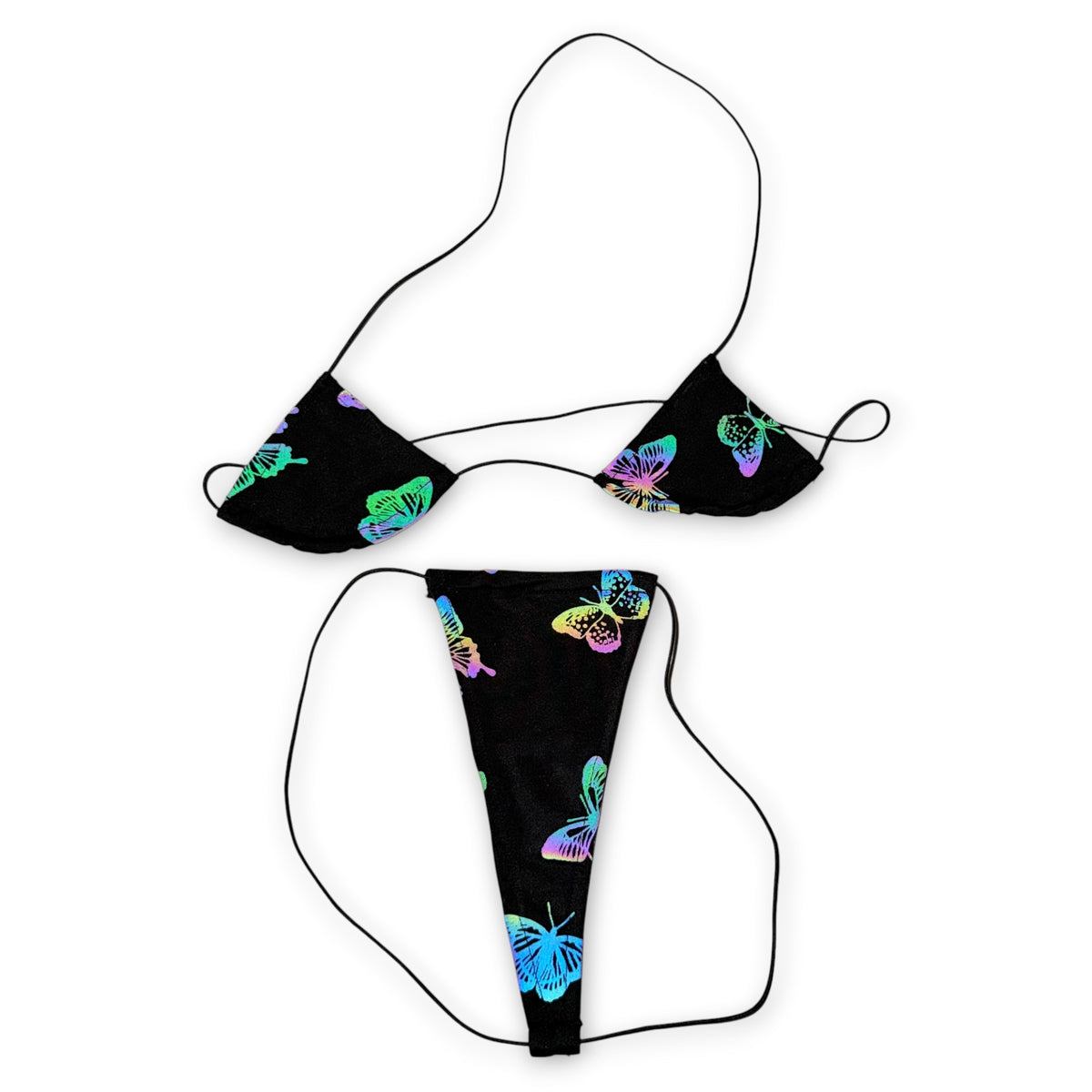 Reflective butterfly teeny tiny micro 'kini flat lay under flash, butterflies lit up in rainbow colors - Golddiggers Boutique