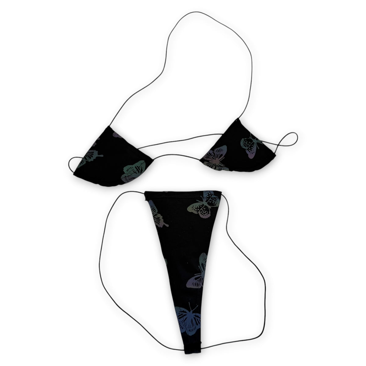 Reflective butterfly micro 'kini flat lay in regular light, subtle butterfly print on black - Golddiggers Boutique