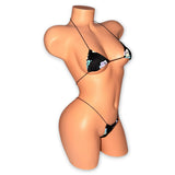 Reflective butterfly micro 'kini, side view on mannequin showing string ties - Golddiggers Boutique