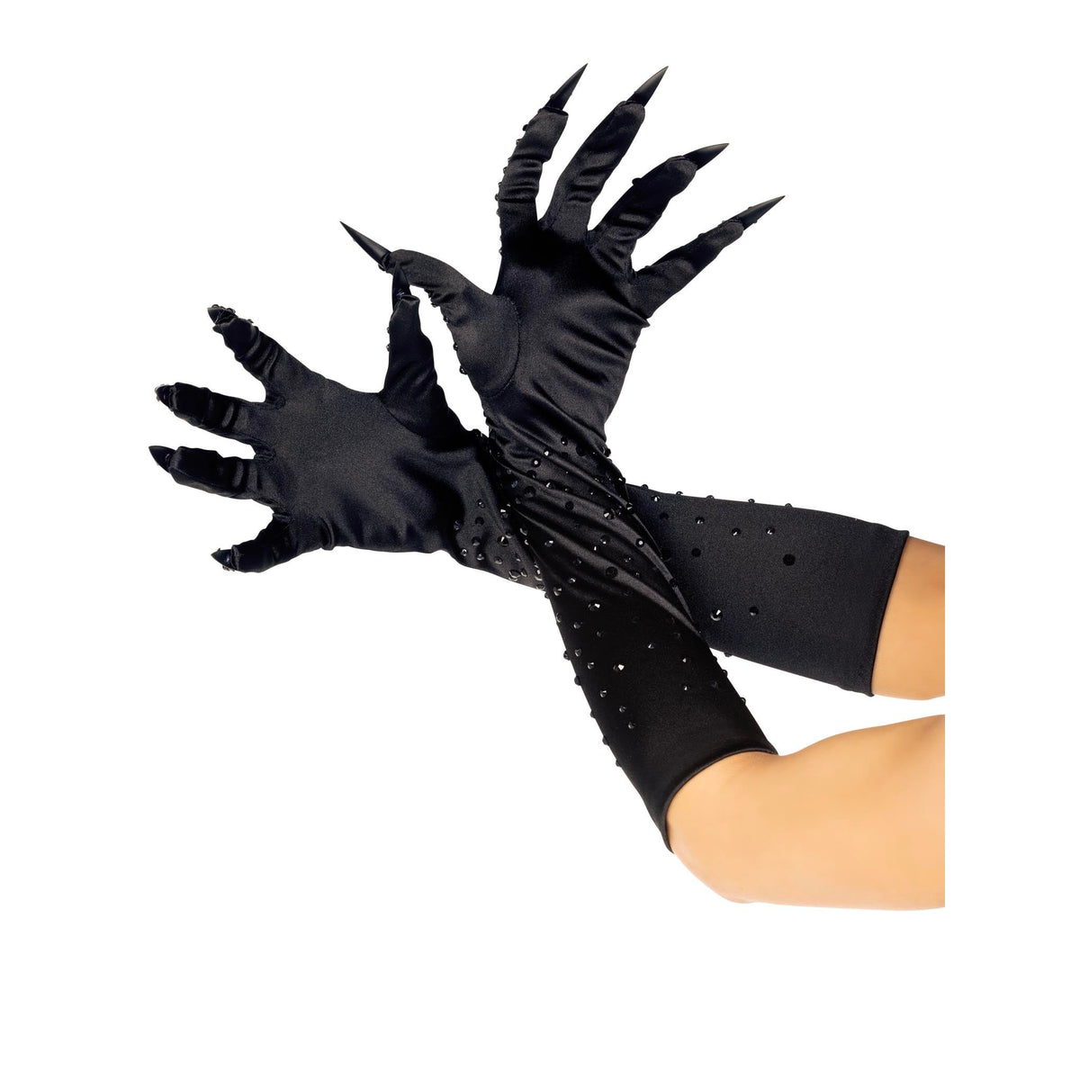 Detail view of black rhinestone claw gloves - Golddiggers Boutique
