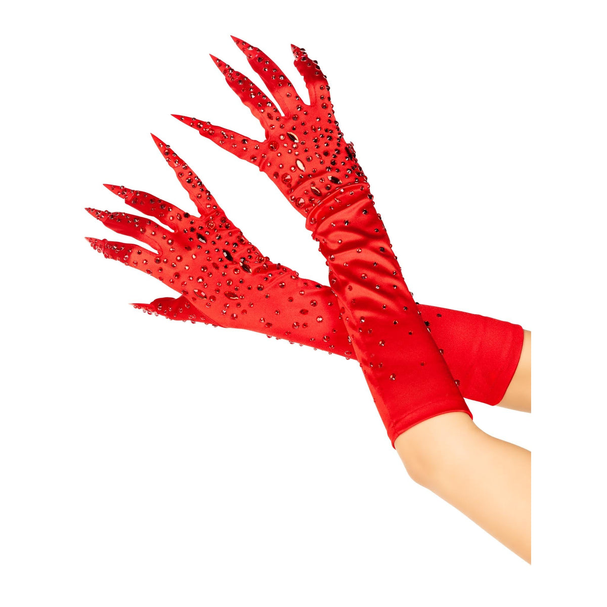 Front view of red rhinestone claw gloves - Golddiggers Boutique