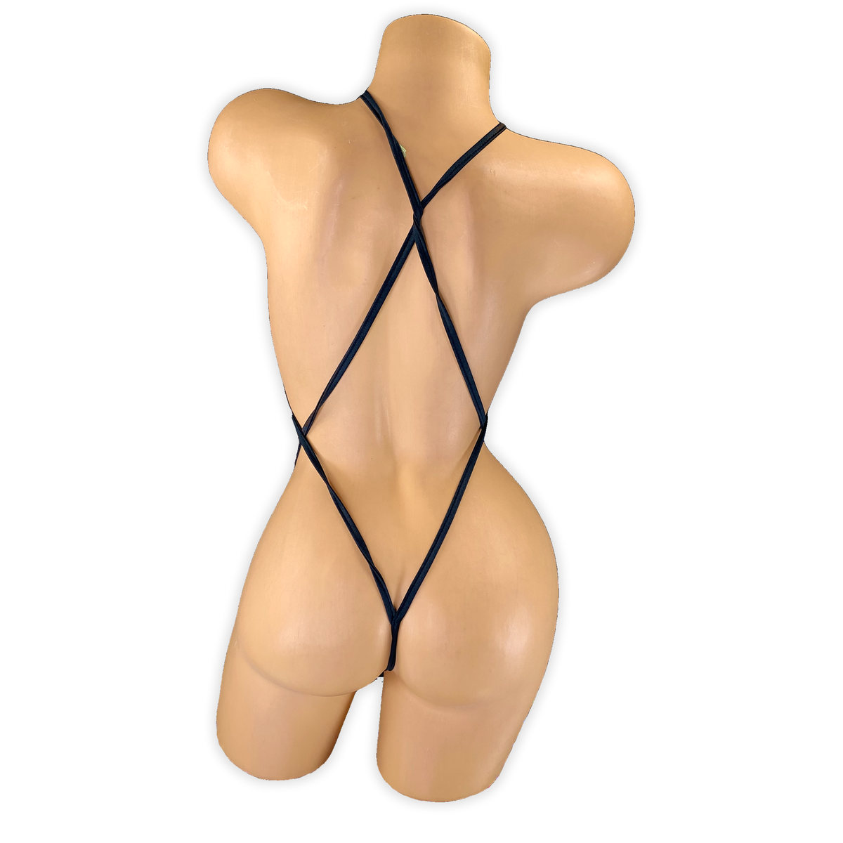 Back of the Roll One Zoe green leaf print slingshot bodysuit showing the X criss-cross straps and thong back